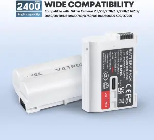 Baterai VILTROX EN-EL15C 2400mAh for Nikon D500 D600 D750 D800 D810 D850 D7500 Z5 Z6 Z6II Z7 Z7II ZR