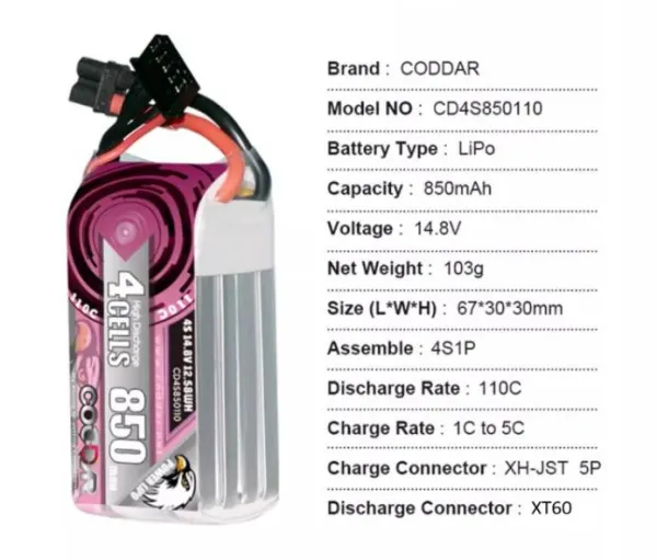 CODDAR 850MAH 14.8V 110C LiPo Battery XT60