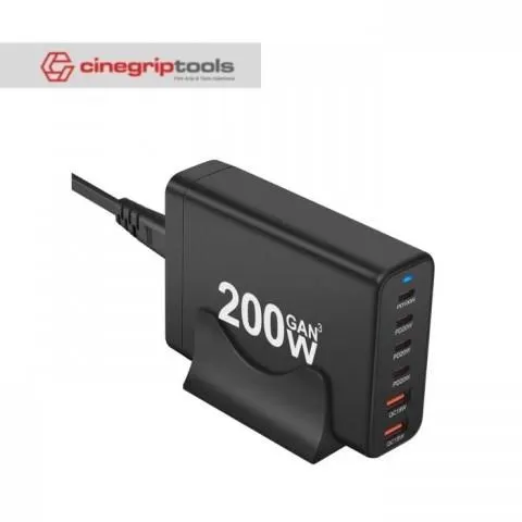 Cinegrip Tools 200W GaN 4C2A GaN 200W Desktop Charger dengan 6 Port USB-C dan USB-A Input 110-240V 50/60Hz 1.2A Plug Type EU