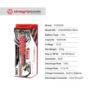 CODDAR 4S 8000MAH 15.2V 130C 5mm Bullet HARD CASE LiHV RC LiPo Battery XT60 PLUG