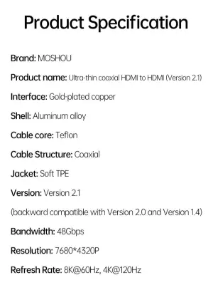 MOSHOU Ultra-thin coaxial HDMI to HDMI Cable 8k 3 meter