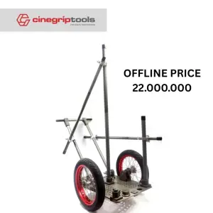 Camera RICKSHAW - one main and one auxiliary pull handle, two wheels, one adjustable seat post, two detachable axles, three main support rods, four stabilizing rods (two extended to rear), and four cross connectors