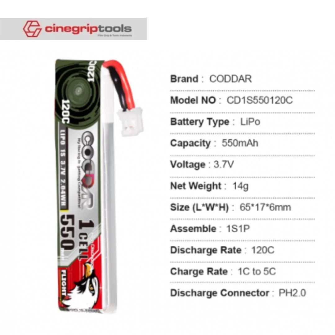 CODDAR 1S 550MAH 3.7V 120C LiPo Battery PH2.0 - CD1S550120C