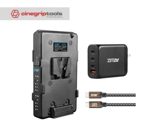 ZITAY Dual Channel V Mount Lock Smart Battery Charger with Type C 100W Quick Charge Adapter for V-Mount Battery
