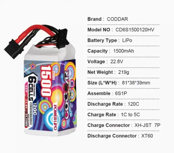 CODDAR HV 6S 1500MAH 22.8V 120C LiPo Battery XT60 LiHV
