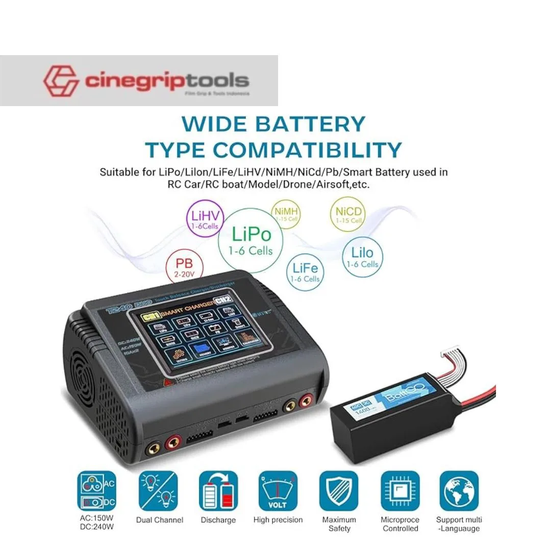 T240 Dual-Channel Color Screen Charger 150W 10A*2 Charger Lithium Battery Intelligent Balance Charger HTRC