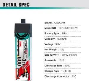 CODDAR 1S 500MAH 3.7V 100C LiPo Battery PH2.0 Plastic Head - CD1S500100HVP