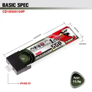 CODDAR 1S 550MAH 3.7V 120C LiPo Battery PH2.0 - CD1S550120P