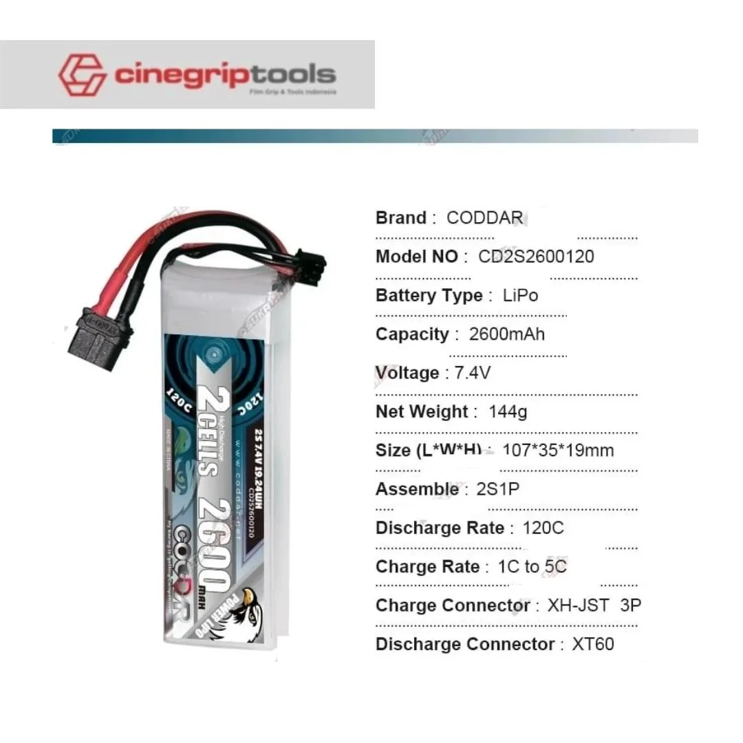 CODDAR 2S 2600MAH 7.4V 120C LiPo Battery XT60