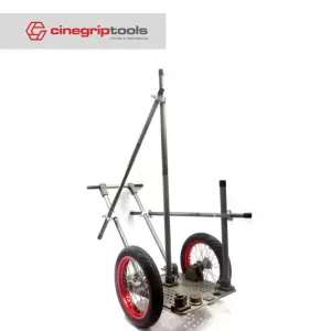Camera RICKSHAW - one main and one auxiliary pull handle, two wheels, one adjustable seat post, two detachable axles, three main support rods, four stabilizing rods (two extended to rear), and four cross connectors