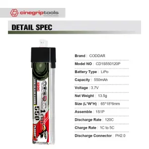 CODDAR 1S 550MAH 3.7V 120C LiPo Battery PH2.0 - CD1S550120P