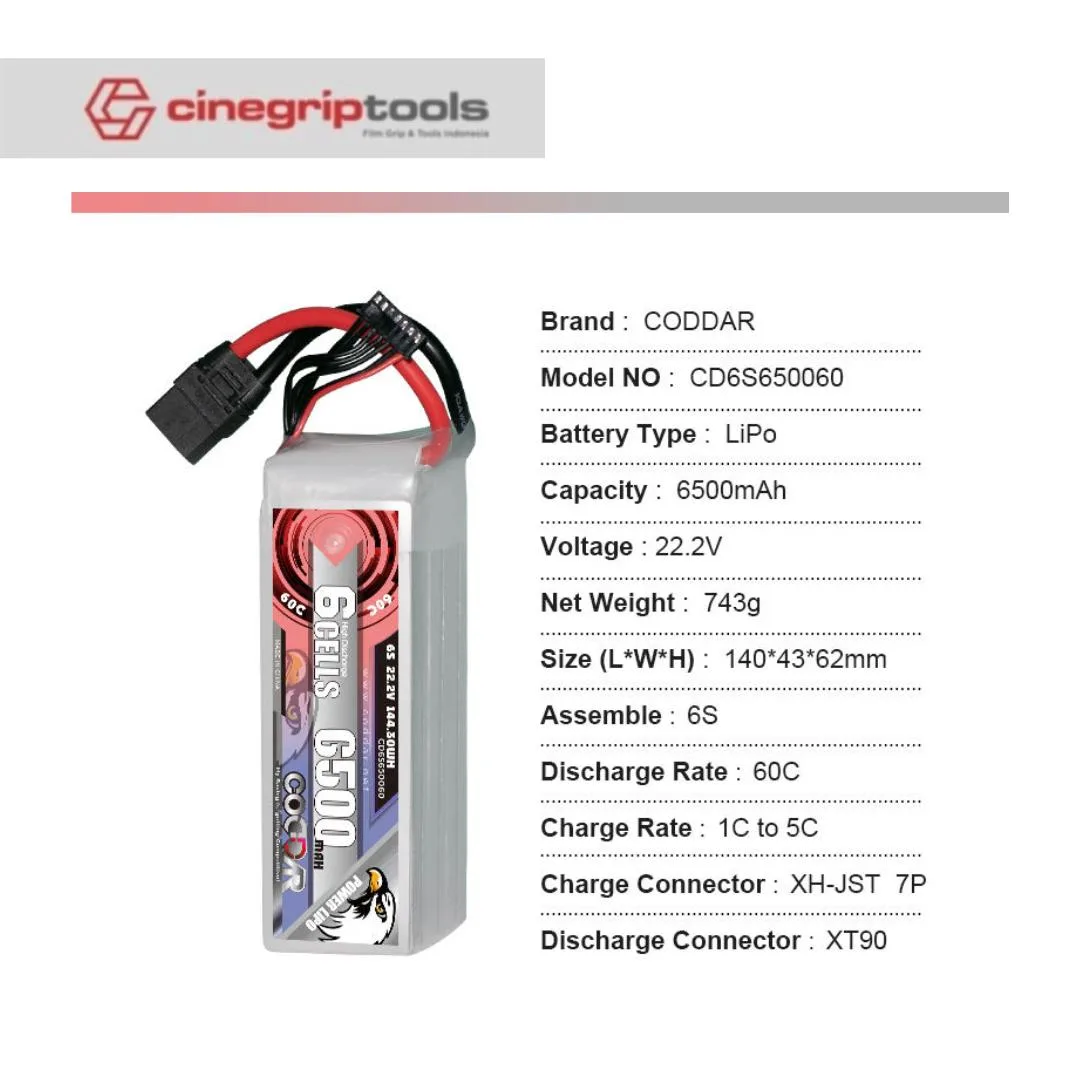 CODDAR 6S 6500MAH 22.2V 60C LiPo Battery XT90