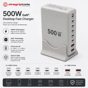500W GaN PD charger 6C2A multi-function charger 8-port desktop charger cross-border desktop charger - White