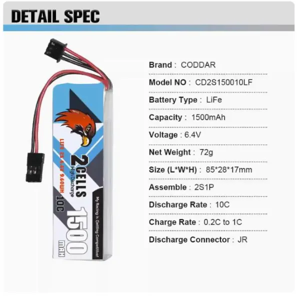 CODDAR  2S 1500MAH 6.4V LiFe 10C  Sanwa M12-RS  MT46 JR