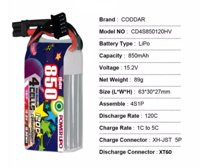 CODDAR 4S 850MAH 15.2V 120C LiPo Battery XT60