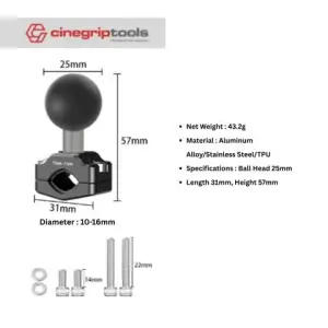Pipe Clamp Ball Head - Small/Medium/Large with 25mm Ballhead
