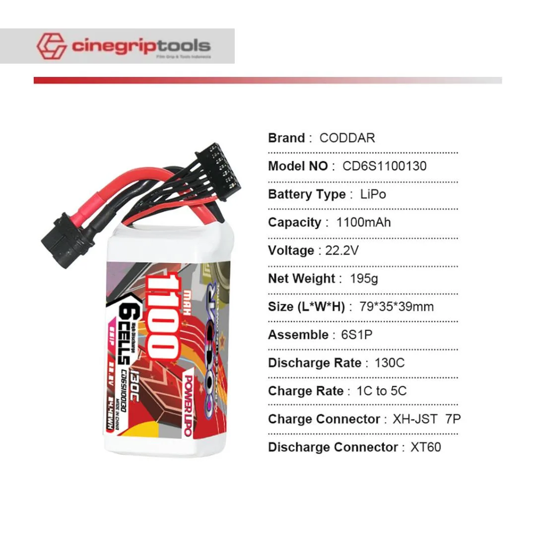 CODDAR 6S 1100MAH 22.2V 130C LiPo Battery XT60 - CD6S1100130
