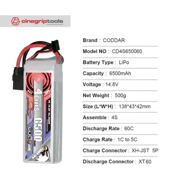 CODDAR 4S 6500MAH 14.8V 60C XT60 Soft Pack RC Lipo Battery