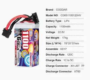 CODDAR HV 6S 1100MAH 22.8V 120C 160C LiPo Battery XT60 LiHV