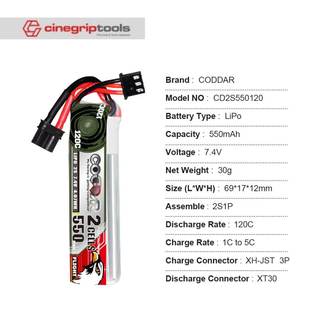 CODDAR 2S 550MAH 7.4V 120C LiPo Battery XT30 - CD2S550120
