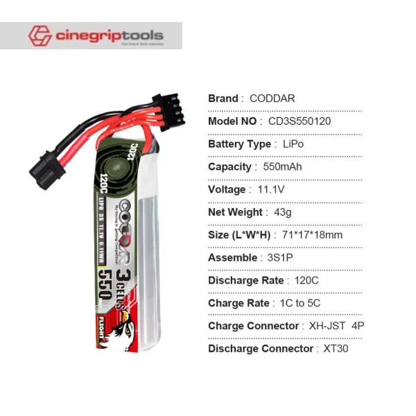 CODDAR 3S 550MAH 11.1V 120C LiPo Battery XT30 - CD3S550120