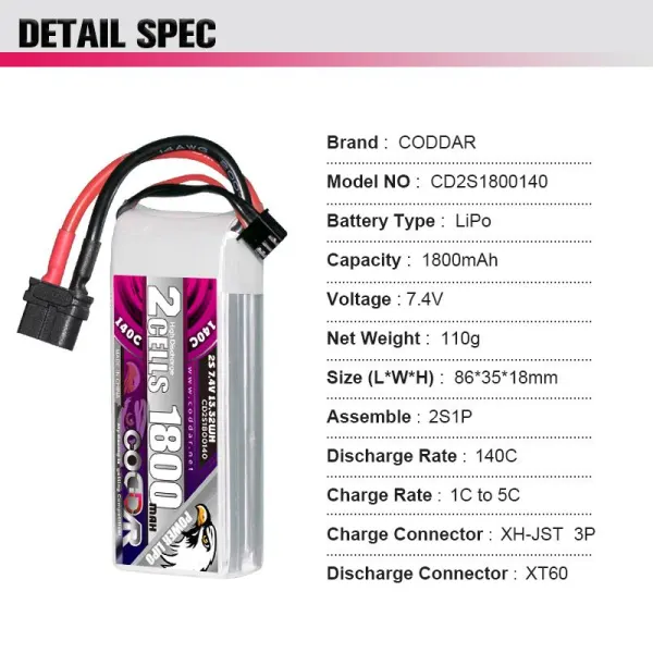 CODDAR  2S 1800MAH 7.4V 140C  86(L)*35(W)*18(H)mm XT60