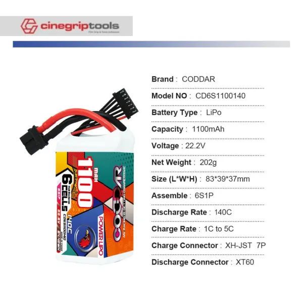 CODDAR 6S 1100MAH 22.2V 140C LiPo Battery XT60 - CD6S1100140