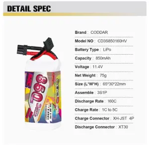 CODDAR 3S 850MAH 11.4V 120C 160CLiHV LiPo Battery XT30