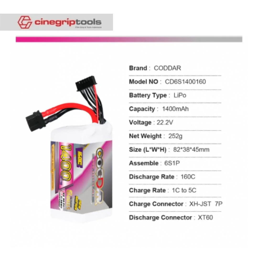 CODDAR HV 6S 1400MAH 22.2V 160C LiPo Battery XT60 - CD6S1400160