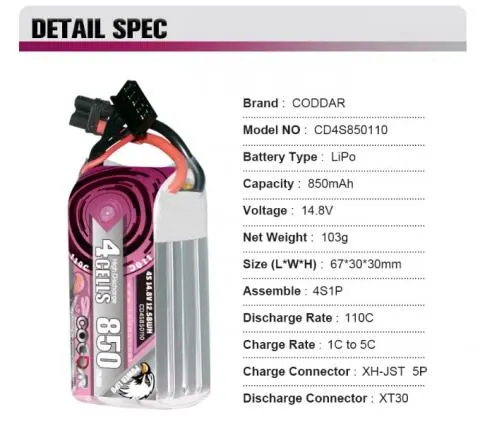 CODDAR 4S 850MAH 14.8V 110C LiPo Battery XT30