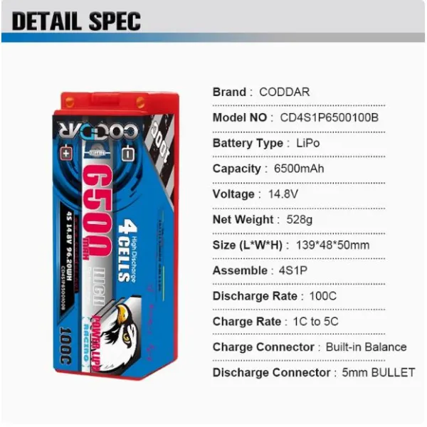 CODDAR 4S1P 6500MAH 14.8V 100C HARD CASE  SIZE 139(L)*48(W)*50(H)mm, INCLUDES  EXTERNAL CABLE WITH DEANS  CONNECTOR XT60