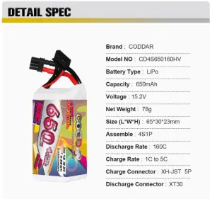 CODDAR 4S 650MAH 15.2V 100C 160C LiPo Battery XT30U-F LiHV