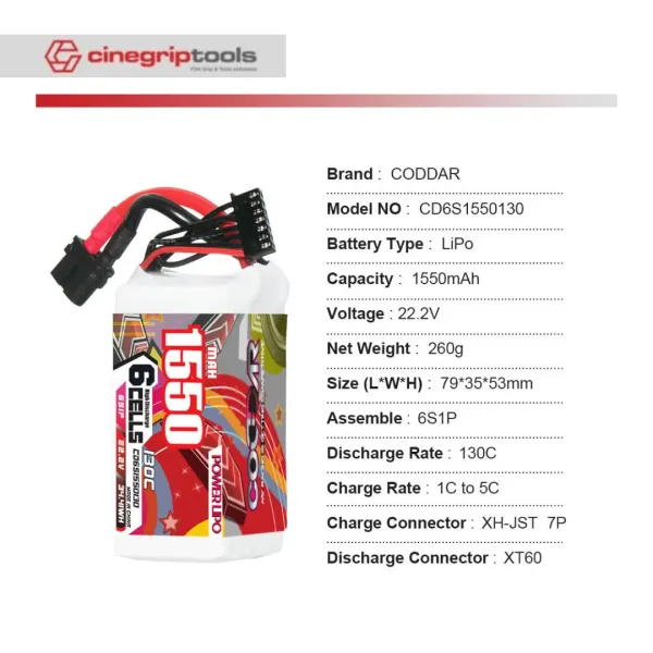 CODDAR 6S 1550MAH 22.2V 130C LiPo Battery XT60 - CD6S1550130