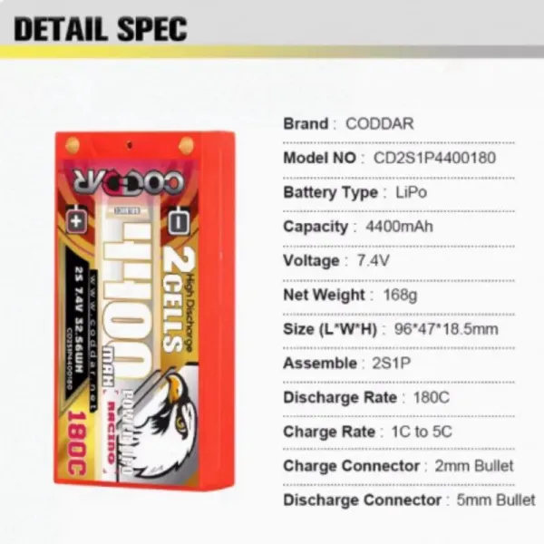 CODDAR  2S1P 4400MAH 7.4V 180C LiPo Battery HARD CASE LCG/THIN SHORTY PACK, INCLUDES EXTERNAL CABLE WITH DEANS CONNECTOR