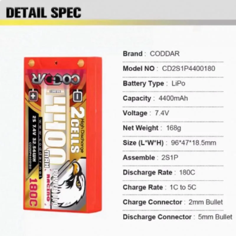 CODDAR  2S1P 4400MAH 7.4V 180C LiPo Battery HARD CASE LCG/THIN SHORTY PACK, INCLUDES EXTERNAL CABLE WITH DEANS CONNECTOR