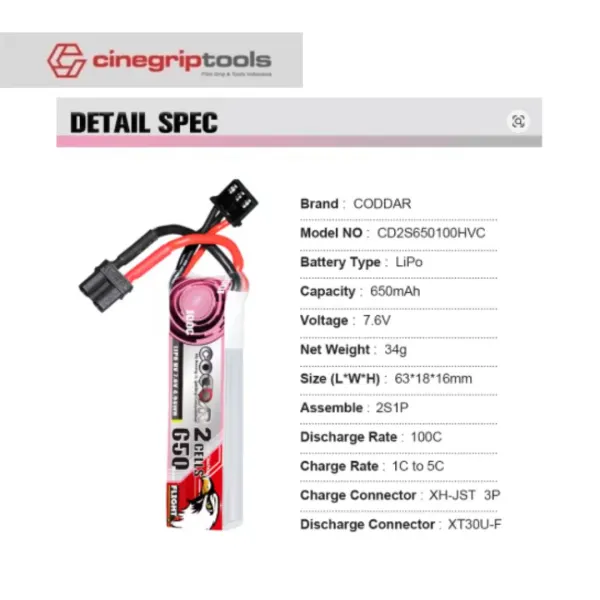 CODDAR 2S 650MAH 7.6V 100C LiHV Battery XT30U-F