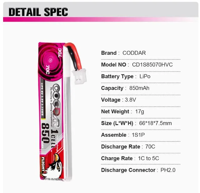 CODDAR LiHVC 1S 850MAH 3.8V 70C LiPo Battery PH2.0