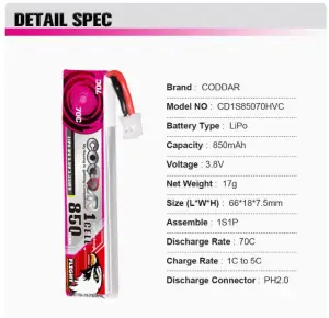 CODDAR LiHVC 1S 850MAH 3.8V 70C LiPo Battery PH2.0