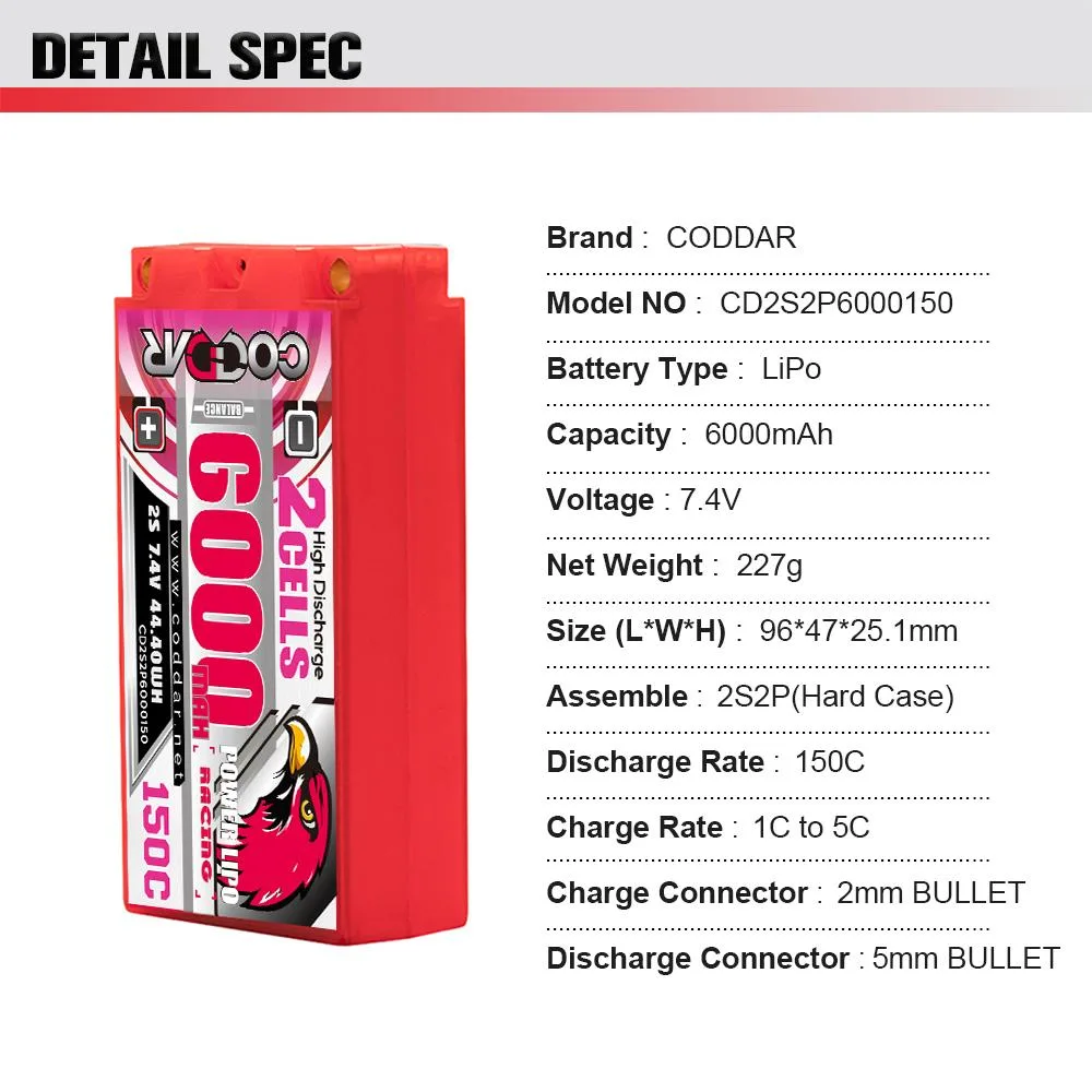 CODDAR 2S2P 6000MAH 7.4V 150C HARD CASE  SIZE 96(L)*47(W)*25.1(H)mm, SHORTY  PACK, INCLUDES EXTERNAL CABLE WITH  DEANS CONNECTOR XT60