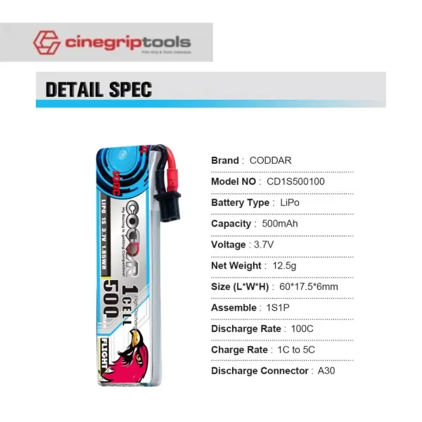 CODDAR 1S 500MAH 3.7V 100C LiPo Battery A30