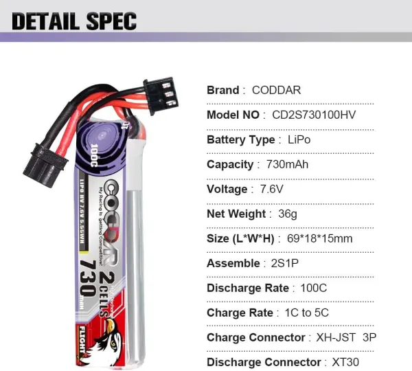 CODDAR 2S 730MAH 7.6V 100C LiHV Battery XT30