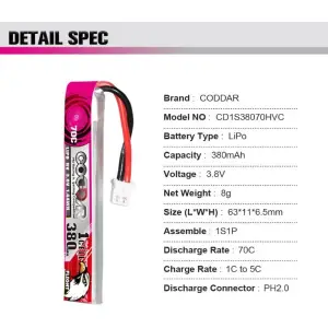 CODDAR LIHV BATTERY 1S 380MAH 70C HV CABLED JST-PH 2.0 CONNECTOR