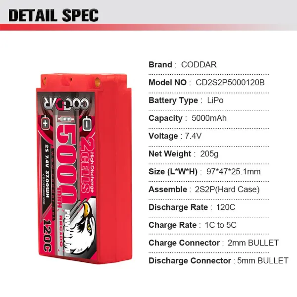 CODDAR 2S2P 5000MAH 7.4V 120C HARD CASE SIZE 97(L)*47(W)*25.1(H)mm, SHORTY PACK, INCLUDES EXTERNAL CABLE WITH CONNECTOR XT60