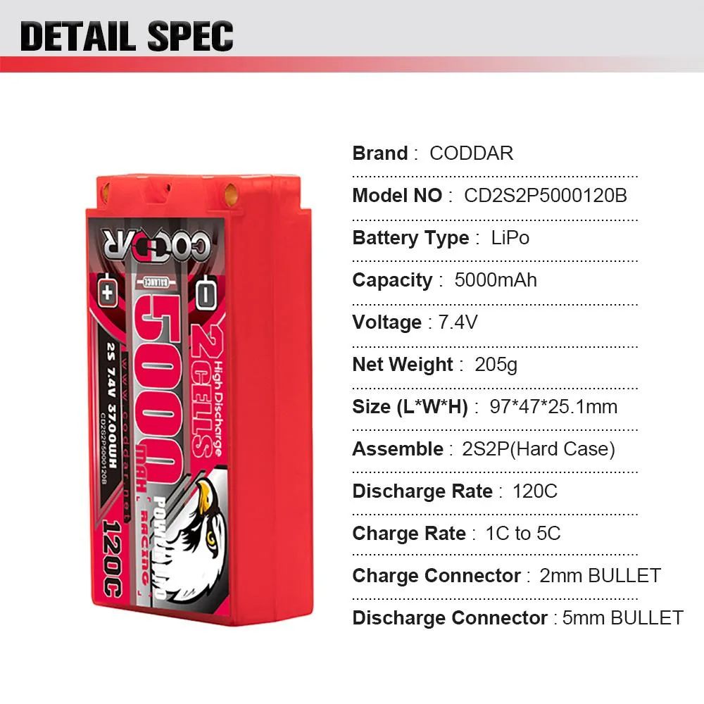 CODDAR 2S2P 5000MAH 7.4V 120C HARD CASE  SIZE 97(L)*47(W)*25.1(H)mm, SHORTY  PACK, INCLUDES EXTERNAL CABLE WITH CONNECTOR XT60