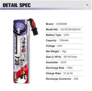 CODDAR LiHVC 1S 730MAH 3.8V 100C LiPo Battery PH2.0 & BT2.0/A30