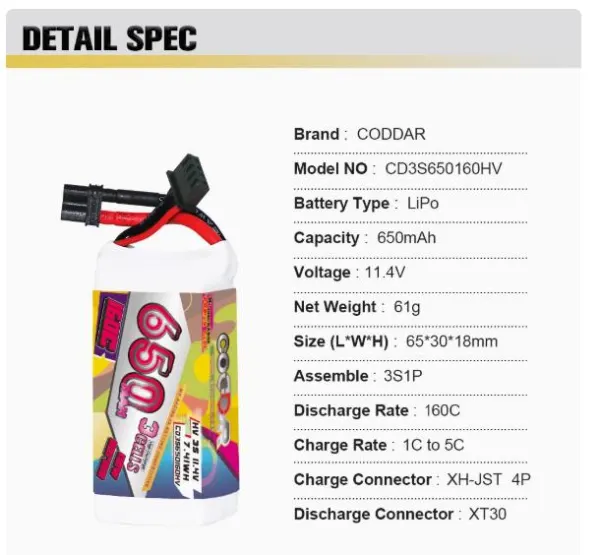 CODDAR 3S 650MAH 11.4v 160C XT30