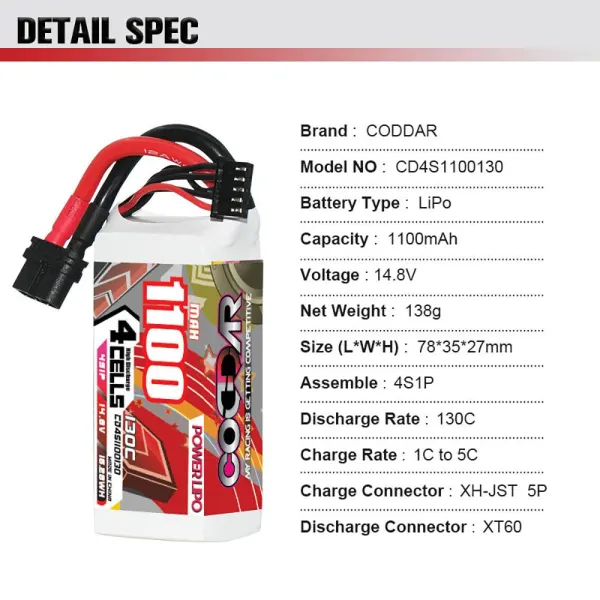 CODDAR 4S 1100MAH 14.8V 130C LiPo Battery XT60