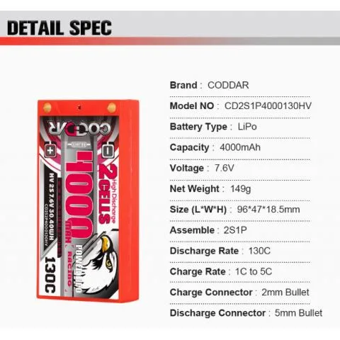 CODDAR 2S 4000MAH 130C 7.6V HARD CASE HV LCG SHORTY PACK BATTERY