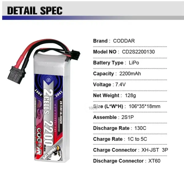 CODDAR 2S 2200MAH 7.4V 130C 106(L)*35(W)*18(H)mm XT60