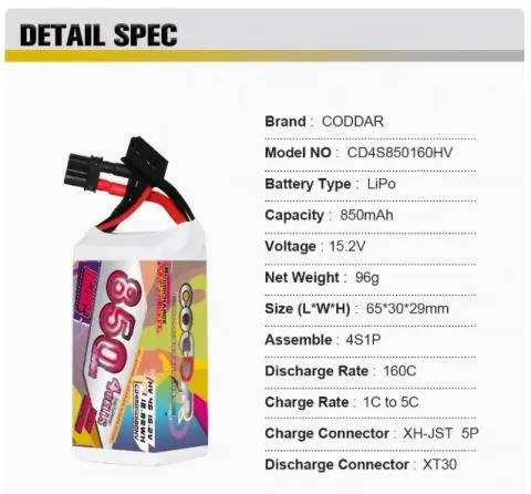 CODDAR LiHV 4S 850MAH 15.2V 160C LiPo Battery XT30